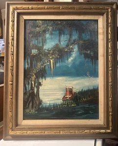 LOUISIANA Sumpfboot in Bayou Öl LANDSCHAFT GEMÄLDE SIGNIERT MYRA - Bild 1 von 18