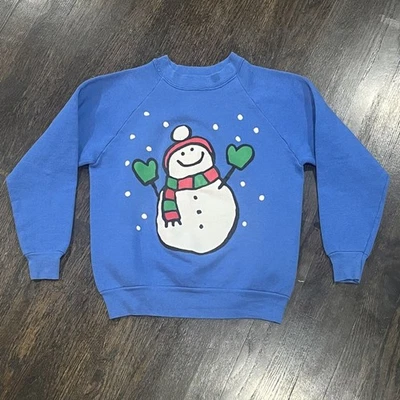 Vintage Snowman Sweatshirt Youth 14-16 Blue Hanes Sweater Graphic USA - Image 1 of 4