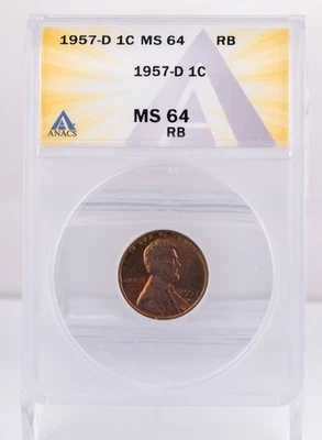 Certified 1957-D Lincoln Cent ANACS MS64 RB Wheat Penny 1c  - Image 1 of 4