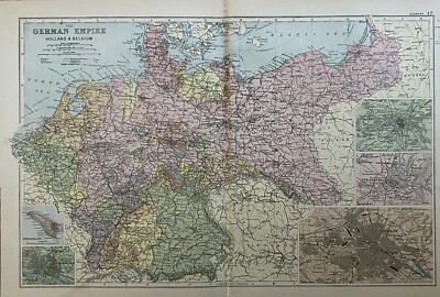 1893 German Empire + insets of Berlin, Hamburg, Strasbourg, Metz, Heligoland Map - Image 1 of 3