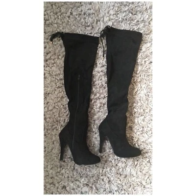 Damas Botas Negras Sobre la Rodilla Tacón Alto Punta Bota Tacones Talla 3 Zapatos Cremallera Muslo Foto 1 de 4