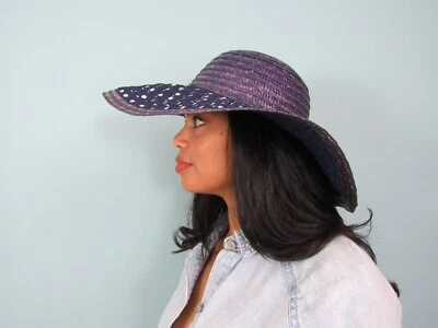 Size: 7 BETMAR Blue Straw Hat VINTAGE Polka-Dot MADE in ITALY Round Basket Weave - Image 1 of 4