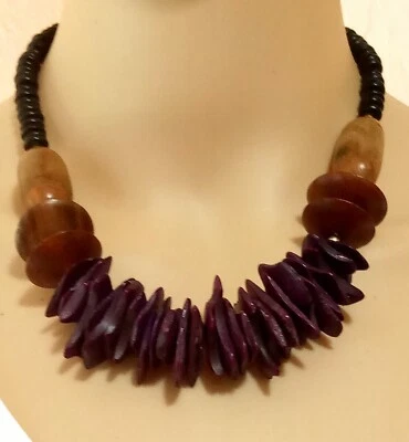 Tribal Ethnic Boho Necklace Fetish Style Burgundy Maroon Chips Heishi Beads - Image 1 of 3