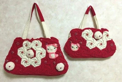 NUEVO Hello Kitty Cat Bolso de Hombro y Bolso Pequeño Conjunto Rojo x Blanco Crochet de Japón Foto 1 de 4
