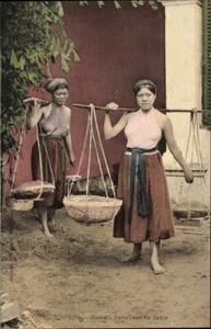 c.1915 HANOI Tonkin Vietnam, Sand Carriers, Two Women, Baskets; Hand Coloured NM - Bild 1 von 2