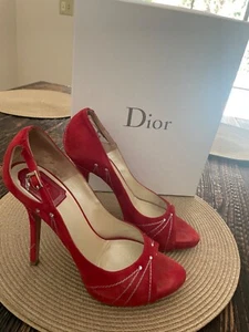 Christian Dior Shoes Red Suede Open Toe Stiletto Heels Size 38 - Picture 1 of 12
