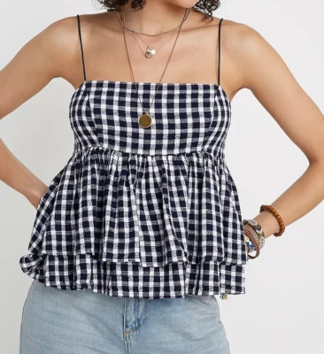 URBAN OUTFITTERS Azul Marino OLIVIA Espalda Calada Volantes en Niveles Dobladillo Babydoll Top/Cami M Foto 1 de 4