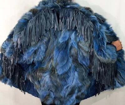 Real Fur Arctic Blue Fox Vintage Lamb Mix Tasseled Oversized Coat L FR441 - Image 1 of 4