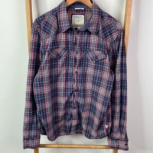 Guess Button Up Shirt Mens Large Blue Red Plaid Long Sleeve Casual Pocket Cotton - Picture 1 of 12