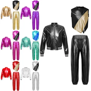 3Pcs Girls Dance Sports Set Shiny Metallic Zip Up Jacket Vest Harem Pants Set - Picture 1 of 87