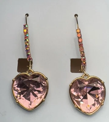 Betsey Johnson Rose Quartz Heart Crystal Drop Dangle Earrings NIB Original Box - Image 1 of 4