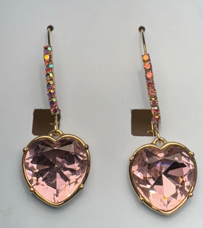 Betsey Johnson Rose Quartz Heart Crystal Drop Dangle Earrings NIB Original Box - Image 1 of 4