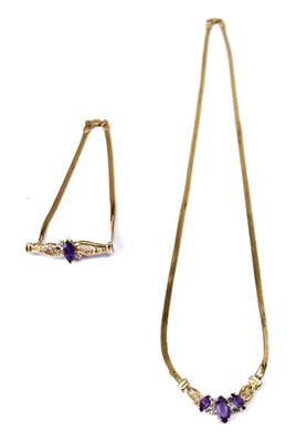 Collar y pulsera de espiga de oro de 14k amatista marqués y colgante de diamantes Foto 1 de 4