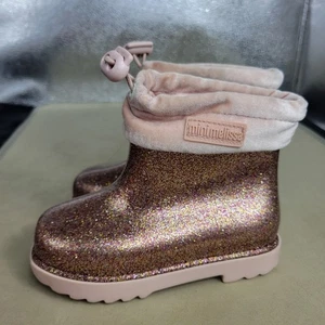 Mini Melissa Boots Girls Size 9 Sparkle Pink Pull On Comfort Stretch Rain Shoes - Picture 1 of 13