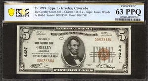 1929 $5 GREELEY UNION NATIONAL BANKNOTE CURRENCY COLORADO PCGS CU 63 PPQ (858A) - Picture 1 of 2