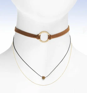 PANACEA 2 Strand Brown Suede & Hammered Ring Layered Choker Drusy Charm Necklace - Picture 1 of 1