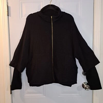  Jaqueta moletom Bobeau feminina tamanho grande preta com zíper frontal em camadas Lagenlook  - Imagem 1 de 4