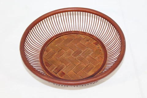 Vintage 7" Round Asian Woven Bamboo Rattan Table Bread Fruit Basket Tray Brown Cover