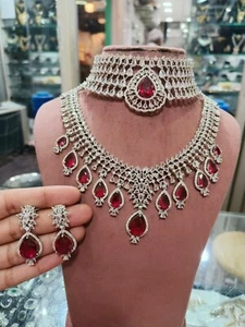 Indian Bollywood Silver Plated Ethnic AD CZ Jewelry Earrings Necklace Bridal Set - Picture 1 of 3