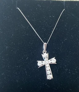 9ct White Gold Cubic Zirconia Channel set Cross and Chain - Picture 1 of 3