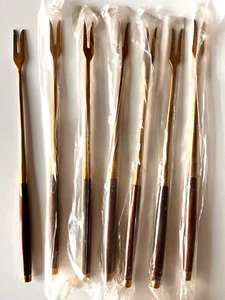 Vintage MCM Set Of 7 FONDUE FORKS Brass w/ Teak Wood Handles NEW Old Stock! - Picture 1 of 4