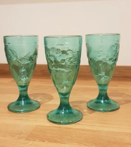 LUMINARC Vintage Teal / Aqua Turquoise Glass x3 Set Of Goblets Fruit Pattern - Picture 1 of 7