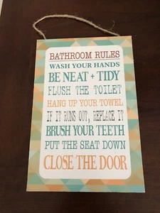Wooden Bathroom Sign: Bathroom Rules, Hangs w/ Twine or Nail. New w/ Tags - Picture 1 of 5