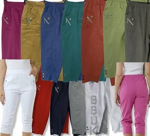 Ladies Women Stretchy Cropped Trousers Cotton Summer Capri Plus Size Pants 10-24 - Picture 1 of 26