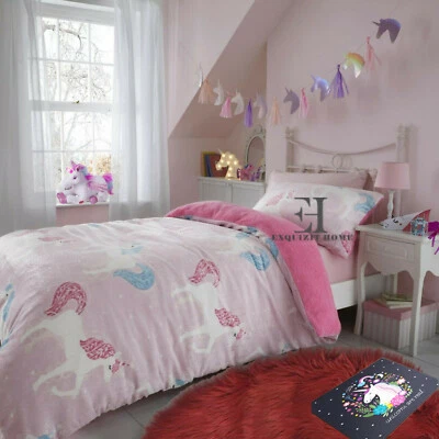 EXQUIZIT HOME KIDS UNICORN PINK BEDDING SET Quilt Soft Duvet Cover Teddy Fleece Warm Double