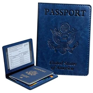 Passport Holder Cover Wallet Case RFID Blocking Leather Card Slot Navy Blue - Picture 1 of 7