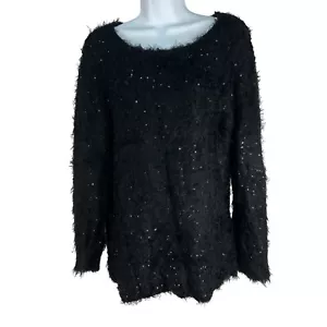 Fuzzy Black Sequin Sweater By Ny Collection Medium Cozy & Stylish - Picture 1 of 6