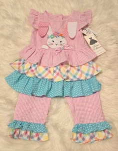 Rare Editions NEW  little girl's Seersucker Flutter Sleeve Bunny Tunic & Pant 6 - Picture 1 of 3