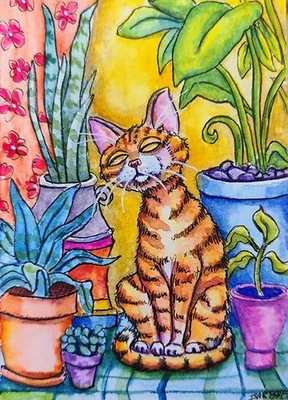 ACEO Original Gemälde OOAK - I Love Plants - Katze - Bartshe - Bild 1 von 2