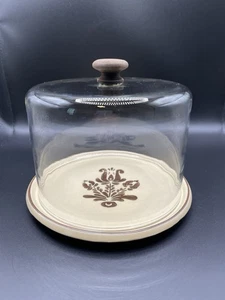 Pfaltzgraff VILLAGE Ceramic Cheese Plate & Glass Dome Server #970 Covered Dish - Picture 1 of 9