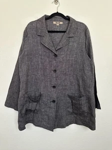 FLAX Linen Button Down Shirt Long Jacket Oversized Lagenlook Gray Women's Medium - Picture 1 of 9