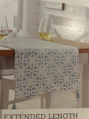 Threshold Extended Length Table Runner Blue White Tassels 14” X 108” Medallion - Image 1 of 3