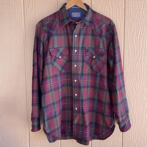 Pendleton High Grade Western Wear Wool Plaid Shirt Mens Sz L VTG Pearl Snap - Picture 1 of 8