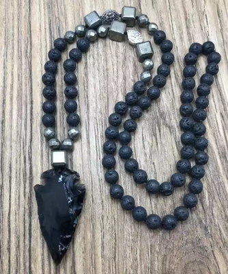 Natural Lava Rock + Black Obsidain Arrow Pendant Necklace Healing Necklace Man - Image 1 of 4