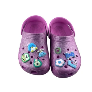 Girls Size J 2 CROCS Shoes Pink Glitter With Charms - Picture 1 of 13