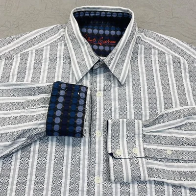 Robert Graham Shirt Mens Extra Large XL Flip Cuff White Gray Stripe Pattern Seer - Image 1 of 4