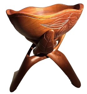 Carved Wood Bowl & Stand 11” Tripod Single Piece Folds Salad Nut Fruit Candy Bwl - Picture 1 of 8
