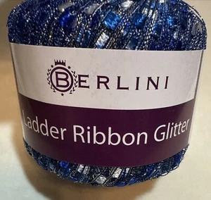 Berlini Ladder Ribbon Glitter Yarn #101 Blue Silver Accent 50gr 142yd - Picture 1 of 5