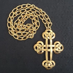 Crown Trifari Vintage Gold-Tone Knot Cross 4" Pendant Necklace With 28" Chain - Picture 1 of 14