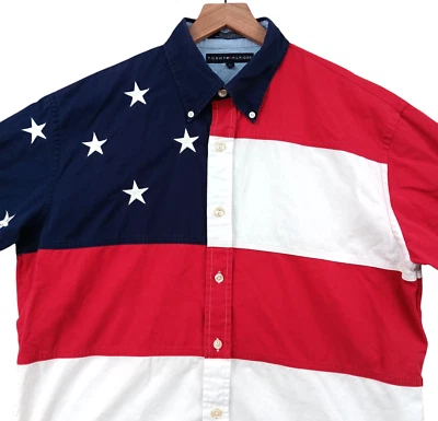 Camisa vintage Tommy Hilfiger bandera americana de Estados Unidos para hombre grandes estrellas bordadas SS Foto 1 de 4
