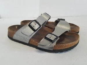 Birkenstock Sandals Two Strap Birkis Womens 7 Silver Slip On See All Pics - Picture 1 of 14