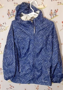 🌦 Eddie Bauer Rain Jacket Kids XL (14) Blue Hooded Zip Pockets Dot Pattern - Picture 1 of 9
