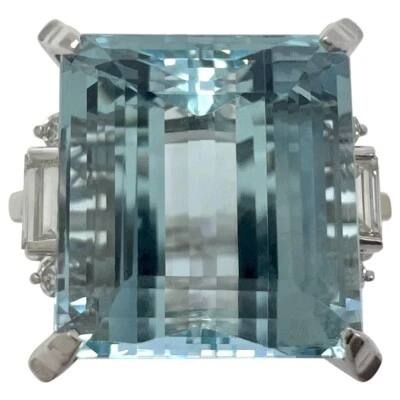 10.25 Carat Light Blue Emerald Cut Aquamarine And Diamond Platinum Art Deco Ring - Image 1 of 4
