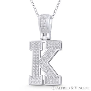 Ciondolo Argento Sterling 925 e Rodio Lettera Iniziale ""K"" Script Zirconia Cristallo - Foto 1 di 1