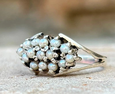 Vintage Pearl Cluster Ring 925 Sterling Silver Handmade Dainty Jewelry Gift - Image 1 of 4