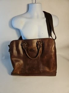 Authentic Fossil Genuine Brown Leather Laptop/Messr/Briefcase W/Adj Canvas Strap - Picture 1 of 22